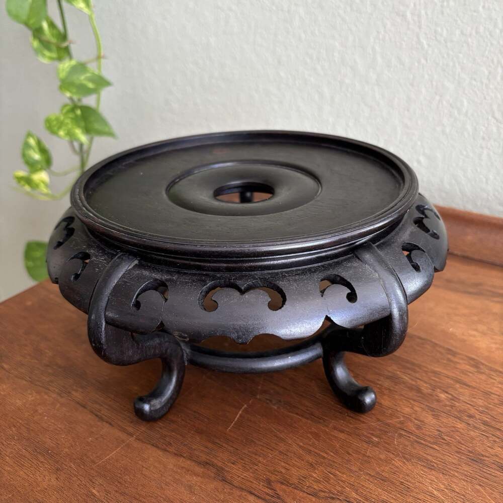 Vintage Chinese Hand Carved Wood Black Vase Plant Stand Approx 7" Interior